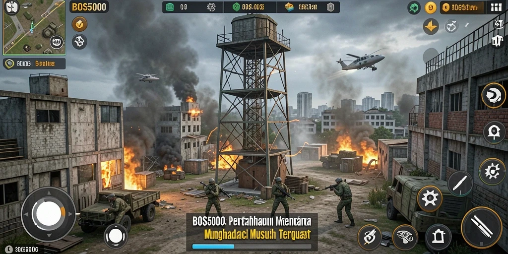 Tampilan gameplay BOS5000 dengan grafis menara dan musuh yang beragam.