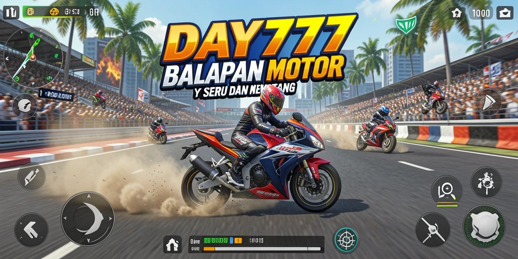 Screenshot utama DAY777 menampilkan aksi balap motor yang cepat dan mendebarkan.