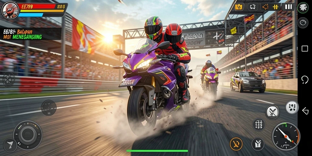 Gameplay seru EE789 menampilkan balapan motor penuh aksi.