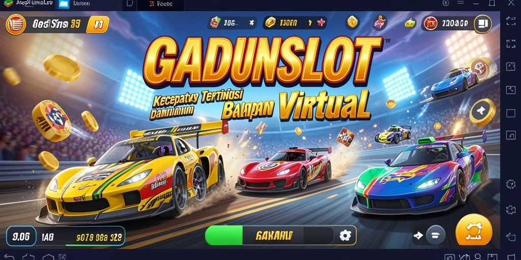 Screenshot menampilkan gameplay seru GADUNSLOT dengan mobil balap di lintasan.