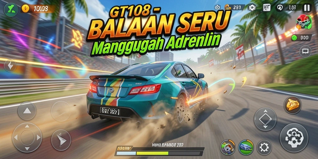 Gameplay GT108 dengan mobil balap di lintasan yang menantang.