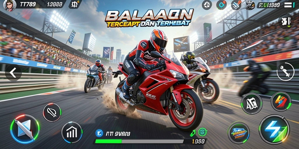 Screenshot utama dari gameplay seru di TT789, menampilkan balapan motor yang intens.