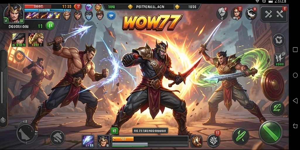 Screenshot utama WOW77 menampilkan pertempuran epik antara karakter-karakter yang kuat.